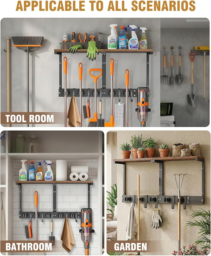 Broom Holder Wall Mount with Top Wooden Shelf, Heavy Duty Metal Cleaning Supplies Broom Hanger with Vacuum Organizer and 5 Slots & 5 Hooks for Laundry Garage Tool Storage Kitchen (Large)