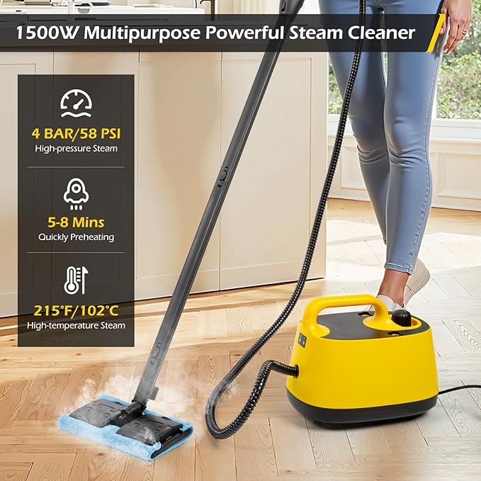 Dyna-Living Steam Cleaner 1500W Steamer for Cleaning with 1.5L Water Tank, Car Steamer Cleaner for Multi-Surface Floors, High-Pressure Steam Cleaner for Car, Portable Car Steamer for Auto Detailing