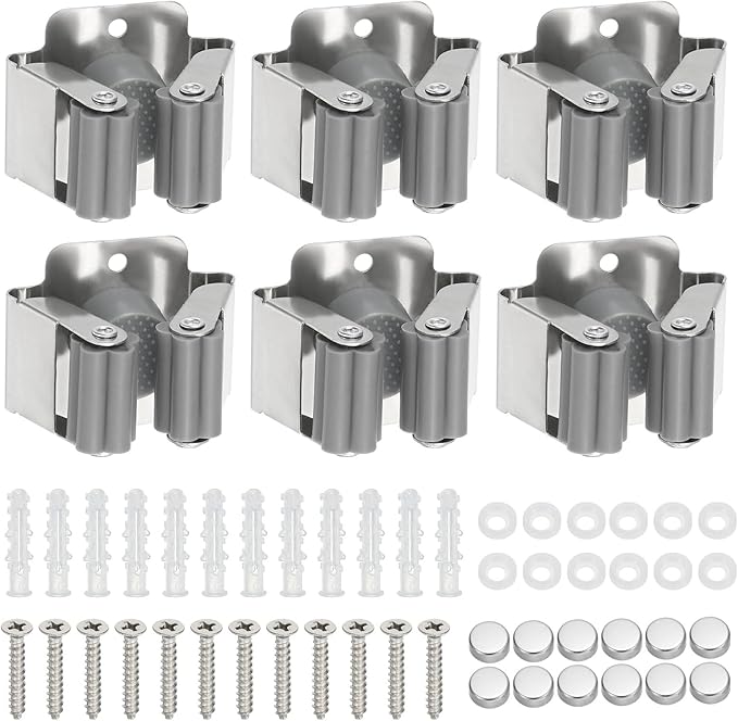 PATIKIL Broom and Mop Holder, 6 Pack Wall Mounted Stainless Steel Mop Hanger Heavy Garden Tool Organizer Rack Hanging Clips with Screws for Home Garage, Grey