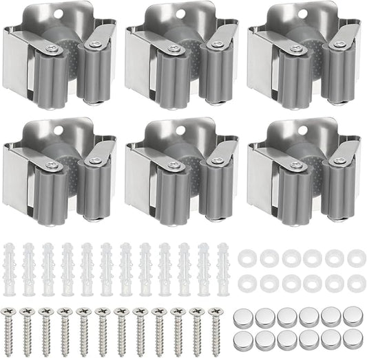 PATIKIL Broom and Mop Holder, 6 Pack Wall Mounted Stainless Steel Mop Hanger Heavy Garden Tool Organizer Rack Hanging Clips with Screws for Home Garage, Grey