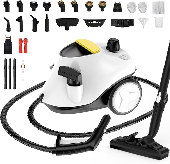 Steam Cleaner,Multipurpose Neat Canister Steamer with 21 Accessories, 5 Mins Heating with 1.5L Tank,Rolling Cleaning Machine for Carpet, Floors,Windows,Mirrors,Glass and Cars (White3)