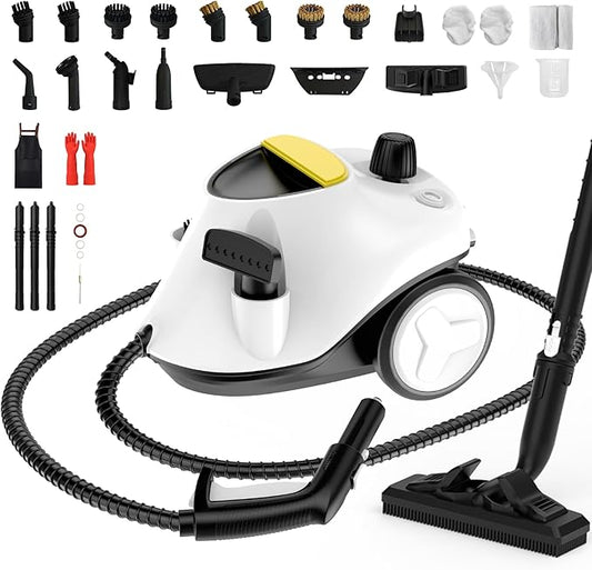 Steam Cleaner,Multipurpose Neat Canister Steamer with 21 Accessories, 5 Mins Heating with 1.5L Tank,Rolling Cleaning Machine for Carpet, Floors,Windows,Mirrors,Glass and Cars (White3)