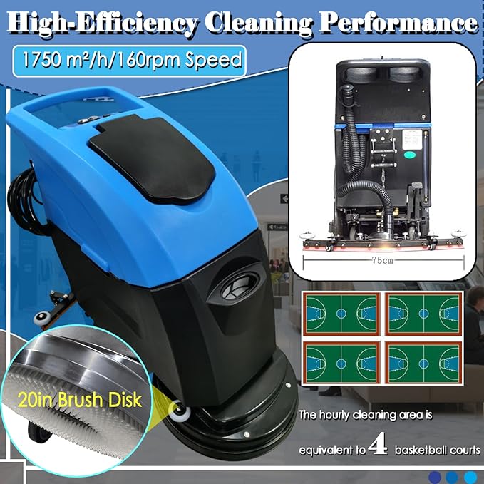Commercial Floor Scrubber Washer Dryer 20'' Hand Push Auto Floor Cleaner 13Gal Clean & 10.5Gal Dirty Water Tank, 65dB Low Noise for Mall/Hotel/Airport/Factory/Office, Wire-Type 110V