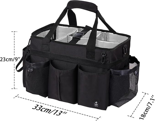 Large Wearable Cleaning Caddy Bag with Detachable Divider, Cleaning Organizer with Handles, Cleaning Supply Tote with Adjustable Shoulder Strap&Waist Belt for Cleaners & Housekeeper (Black)