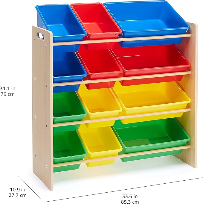 Amazon Basics Kids Toy Storage Organizer With 12 Plastic Bins, Natural Wood, Multicolor, for Bedroom and Playroom, 33.6" W x 10.9" D x 31.1" H