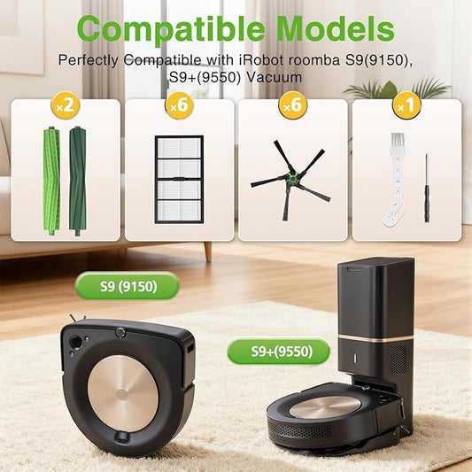 S9 Replacement Parts Accessories for iRobot Roomba S9(9150) S9+ S9 Plus (9550) S Series Vacuum Cleaner, 2 Set Rubber Roller Brush, 6 Filters, 6 Side Brush, 2 Tools, 18 Packs