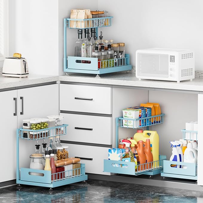 Under Sink Organizer 2 Pack, L shaped 2 Tier Pull Out Under Sink Organizer with Adjustable Height, Premium Metal Sliding Basket Shelf for Kitchen Bathroom Cabinet Storage Teal