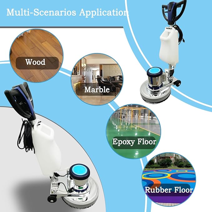 18" Commercial Floor Scrubber & Polisher Heavy Duty Multi-Surface Buffer Cleaner for Wood, Tile, Epoxy, Carpet - 175 RPM, 12L Tank, Low Noise, Industrial & Home Use 110V