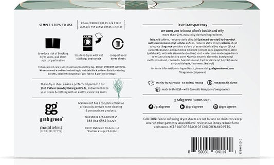 Grab Green Dryer Sheets, 160 Sheets, Vetiver Scent, Plant Based, Softens Fabrics, Reduces Static Cling and Wrinkles