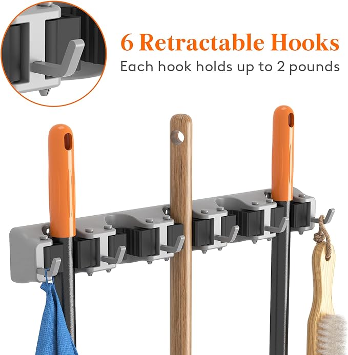 Lifewit Mop and Broom Holder Wall Mount, Anti-Slip Broom Hanger for Cleaning Supplies Organizer, Easy Install Tool Hanging Rack for Closet, Kitchen, Garage, 5 Slot 6 Hooks, Hold 30lbs, Gray, 2 Pack
