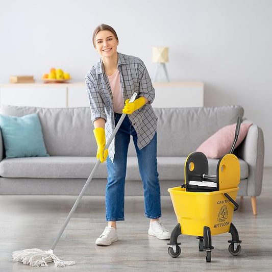 Heavy-Duty Mop Bucket with Press Wringer System for Efficient Floor Cleaning – Durable Plastic Cart Design with Smooth-Rolling Wheels