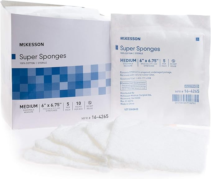 McKesson Super Sponges, Sterile, 100% Cotton, Fluff Dressing, 6 in x 6 3/4in, 5 per Pack, 90 Packs, 450 Total