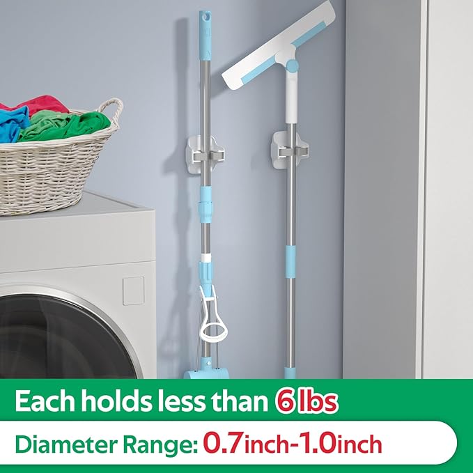 reliahom 5 Pack Broom Holder Wall Mount Mop Grippers No Drilling Self Adhesive Anti-Slip Mop Handle Hanger Dustpan and Broom Organizer Garage Storage Racks-White