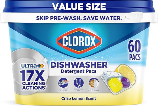 Clorox Ultra+ Dishwasher Detergent Pacs, 60 Count, Stain Fighting, No Prewash Needed, Removes Burnt-on Food, Crisp Lemon Scent Pods - Packaging May Vary