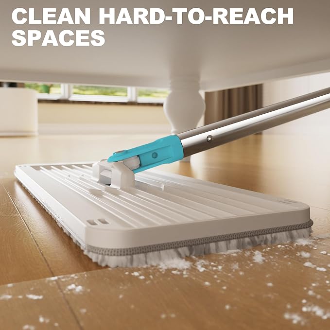 Mop and Bucket Set with Wringer, Dry & Wet Wall Mop Cleaner with Long Handle, Flat Squeeze Spin Dust Mop for Household Floor Cleaning with 4 Microfiber Mops, Turquoise-Cyan