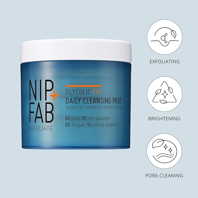 Nip+Fab Glycolic Acid Fix Daily Cleansing Pads for Face with Hyaluronic Acid, Witch Hazel, Exfoliating Resurfacing AHA Facial Cleanser for Exfoliation Even Skin Tone Brighten Skin, 60 Pads
