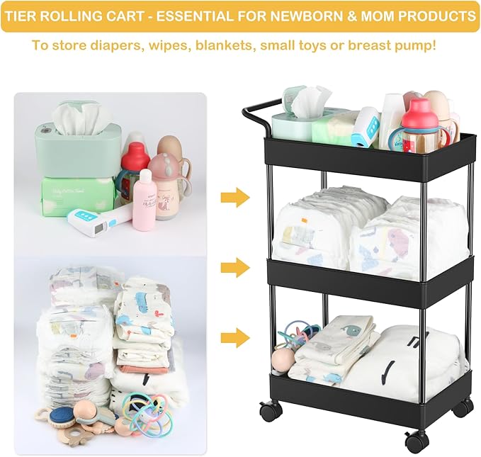 Diaper Caddy - Plastic Diaper Organizer for Nursery Essentials, Baby Organizers and Storage, Movable Cart for Changing Table & Crib, Baby Registry Search, Black