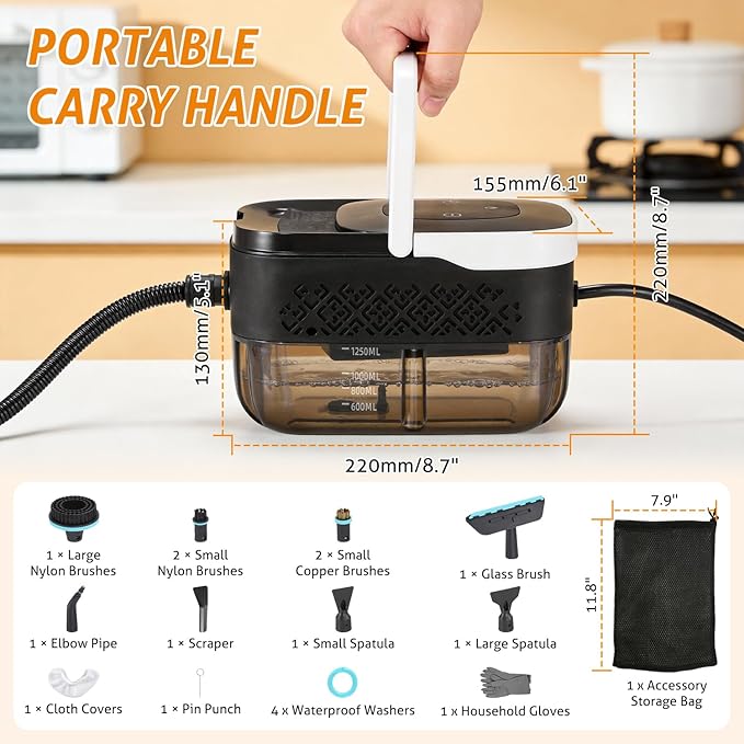 WICHEMI High Pressure Steam Cleaner Handheld Steam Cleaner Steamer for Cleaning Electric Steam Cleaning Machine for Home Kitchen Auto Car Detailing (Black+White)