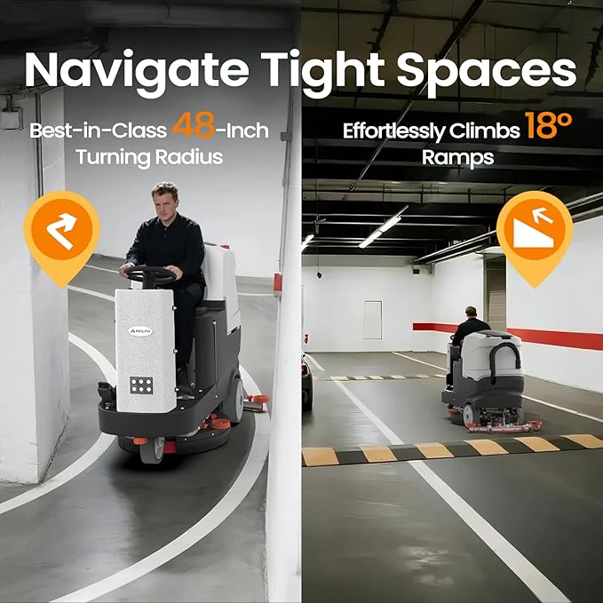 AF2225 Micro Ride-on Commercial Floor Scrubber, 25-Gal, 22" Brush, Up to 55000 ft²/h, Lithium Battery, Fast Charge, Industrial Riding Floor Cleaning Scrubber for Warehouse, Hospital, Garage