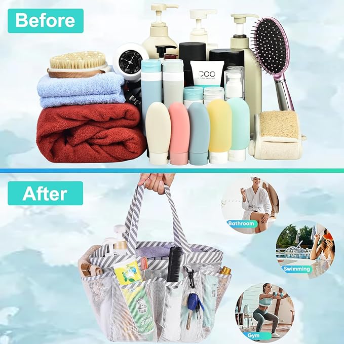 Haundry Mesh Shower Caddy Bag for College Dorm Room Essentials Portable Shower Caddy Tote with 8 Pockets for Beach, Swimming, Gym, Travel