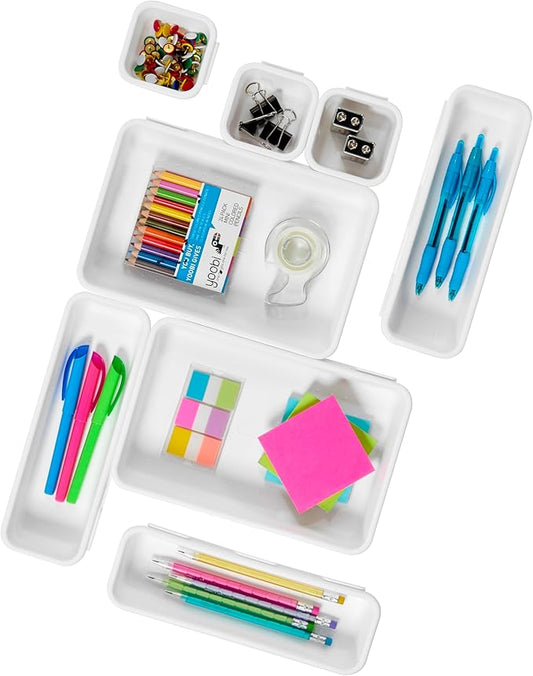 madesmart 8 Piece Interlocking Bin Pack, Modular Drawer & Desktop Organizer for Office Supplies, Tools, Kitchen Utensils & Bathroom Items, Configurable Storage System, White