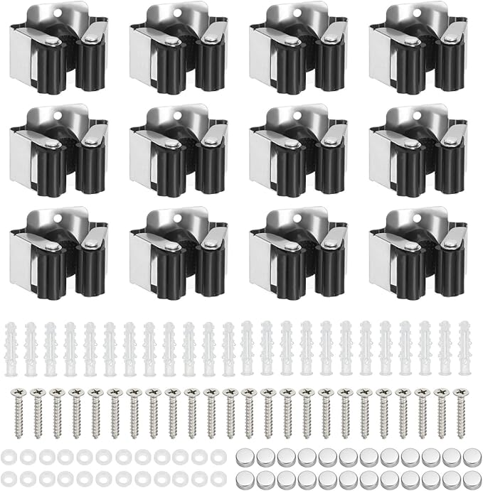 PATIKIL Broom and Mop Holder, 12 Pack Wall Mounted Stainless Steel Mop Hanger Heavy Garden Tool Organizer Rack Hanging Clips with Screws for Home Garage, Black