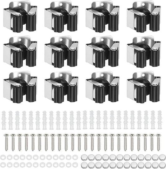 PATIKIL Broom and Mop Holder, 12 Pack Wall Mounted Stainless Steel Mop Hanger Heavy Garden Tool Organizer Rack Hanging Clips with Screws for Home Garage, Black
