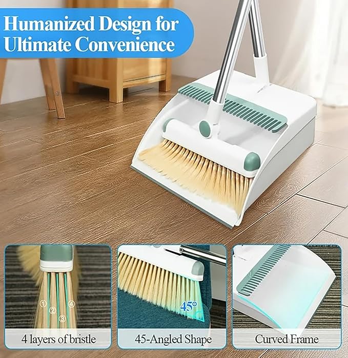 Broom and Dustpan Set 50" Long Handle Foldable Stand Up Broom and Dustpan with Comb Teeth for Indoor & Outdoor Sweeping Home Dog Cat Pets (White)