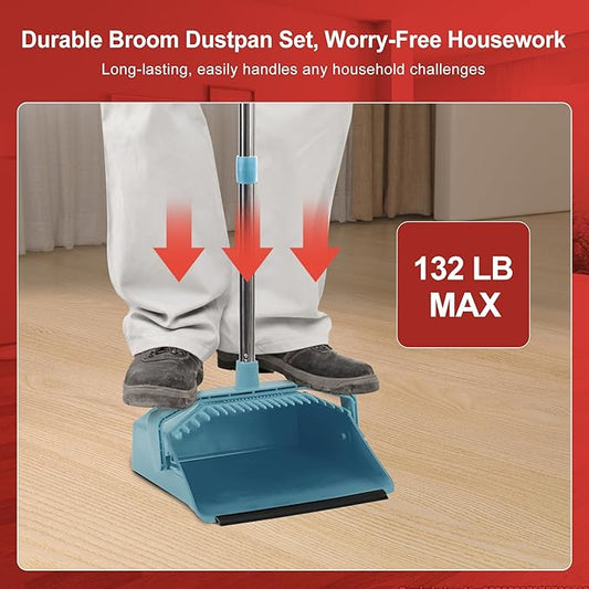 Upgrade Broom and Dustpan Set, Broom with Dustpan Combo Sets, Large Brooms and Dust Pan with Handle, Self-Cleaning Dust Pans, Heavy Duty Broom and Dustpans Set for Lobby Kitchen Office - Green