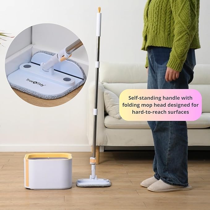 Spin Mop and Bucket System PRO w/Detachable Inner Bucket, Separates Clean and Dirty Water, Self Standing, Foldable Square Mop Head, Triple Jet Stream w/Hidden Brush, Replaceable 2pc Pads