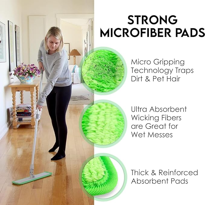 Mop Floor Cleaning System, 18-inch Dust Mop with 4 Reusable Pads for Hardwood and Tile, 360-Spin Floor Mop Head & Extendable Handle, Household Cleaning Tools