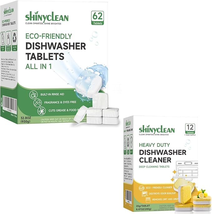 Dishwasher Detergent Pods And Cleaning Tablets Bundle - Includes Heavy Duty Dishwasher Cleaning Tablets 12 Pack 1 Year Supply & All-in-1 Plant-Based Dishwasher Detergent Pods 62 Count