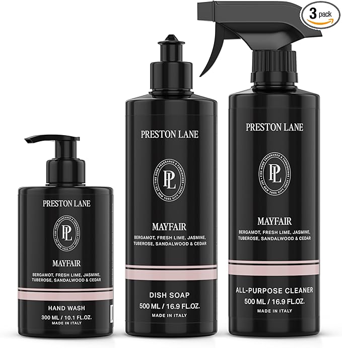 Preston Lane Luxury Kitchen Set – Hand Wash, Dish Soap & All-Purpose Cleaner | Plant-Powered Cleaning Essentials Bundle with Fine Italian Fragrance, Mayfair Scent