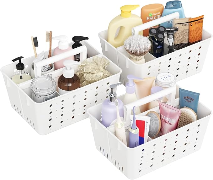 Lifewit Shower Caddy Portable, Plastic Bathroom Organizer with Handle and Holes, Hard Cleaning Basket for Toiletry Storage, College Dorm Essentials, White, 3 Packs