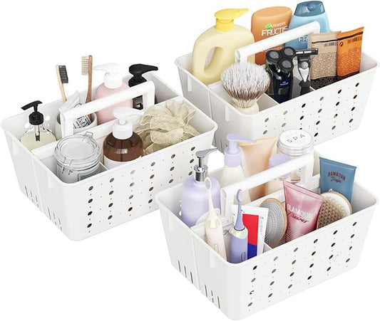 Lifewit Shower Caddy Portable, Plastic Bathroom Organizer with Handle and Holes, Hard Cleaning Basket for Toiletry Storage, College Dorm Essentials, White, 3 Packs