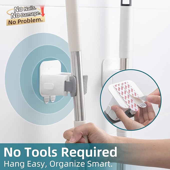 TAILI Mop and Broom Holder Wall Mount Grippers, 3 Hangers and 8 Adhesive Strips, Damage Free Hanging Wall Mount, Household Cleaning Organizer for Organization and Storage, Holds up to 4 lbs, Grey