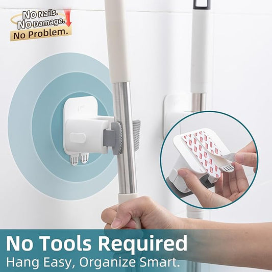 TAILI Mop and Broom Holder Wall Mount Grippers, 3 Hangers and 8 Adhesive Strips, Damage Free Hanging Wall Mount, Household Cleaning Organizer for Organization and Storage, Holds up to 4 lbs, Grey
