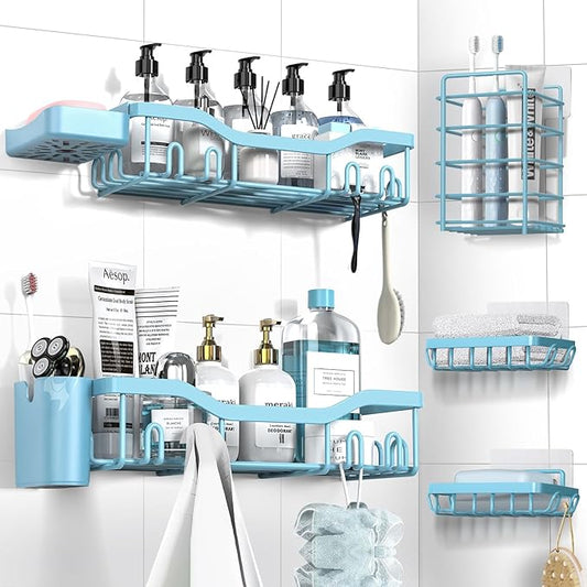 Shower Caddy Adhesive Shower Organizer 7-Pack, Rustproof Stainless Steel Bathroom Shelves, Large Capacity No-Drill Rack Storage Accessories with Soap Dish Toothbrush Holder Hooks