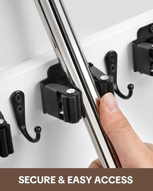 Lorbro 2 Pack Broom Holder Wall Mount, Wooden Broom and Mop Organizer Wall Hanging, Mop Hanger Rack with 4 Slots & 4 Hooks, Tool Organizer for Laundry Room, Closet, Garage, Kitchen