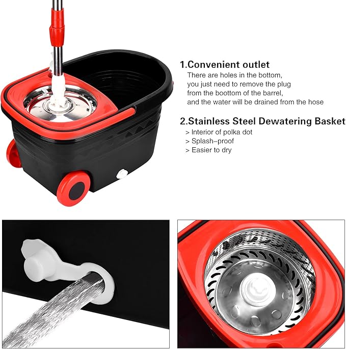 Mop Bucket Set, 360 Spin Stainless Steel Spin Mop Bucket System with 3 Mop Heads, for Floor Cleaning