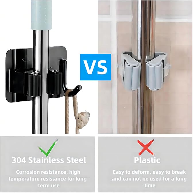 Mop Broom Holder No Drill StainlessSteel, Mop Broom Organizer Wall Mounted Heavy Duty with Hooks Hanger,Anti-Slip Adhesive Hook Broom Holder Wall Mount，Self Adhesive 4Pcs for Bathroom, Kitchen, Office
