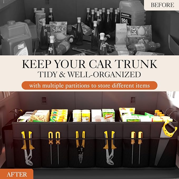 HOTOR Trunk Organizer for Car - Car Organizer, Foldable Trunk organizer for SUVs & Sedans, Sturdy Organization for Car Accessories, Tools, Sundries, Black, 3 Compartments, 31.9"×12.6"×10.6"