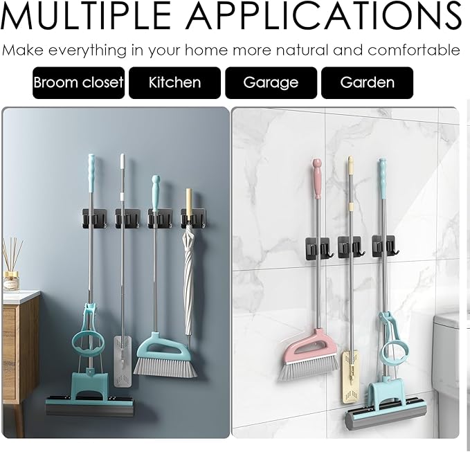 4 Pack Mop Broom Holder Wall Mounted, Stainless Steel Mop Broom Organizer with Hooks Hanger, No Drilling Self Adhesive Mop Handle Hanger for Kitchen Garage Office