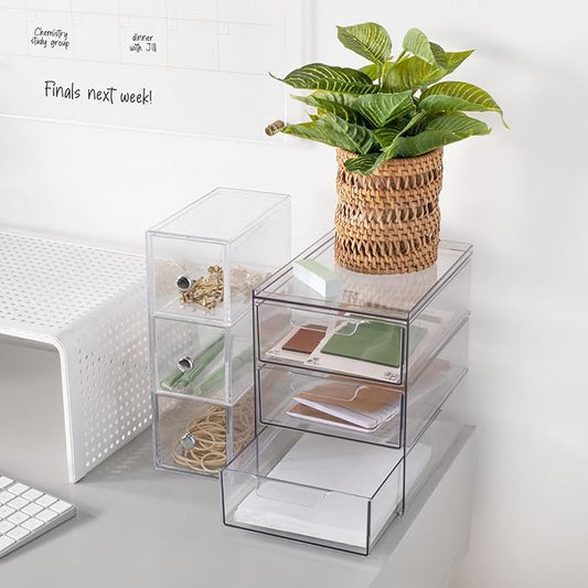 mDesign Plastic Stackable Organizer with 3 Drawers - Pull-Out Drawer Storage Bin for Bathroom Sink/Cabinet Organization - Perfect for Makeup, Small Towels, and More - Lumiere Collection, 2 Pack, Clear