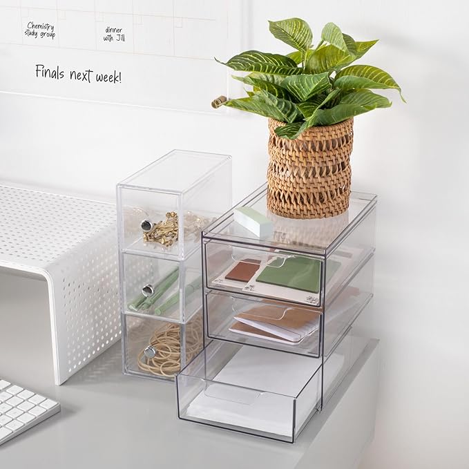 mDesign Plastic Stackable Organizer with 3 Drawers - Pull-Out Drawer Storage Bin for Bathroom Sink/Cabinet Organization - Perfect for Makeup, Small Towels, and More - Lumiere Collection, 4 Pack, Clear