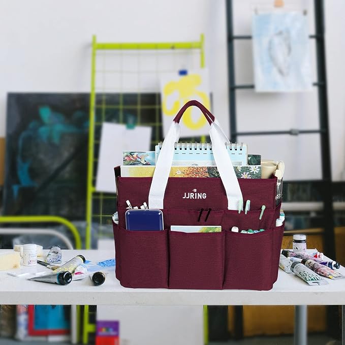 JJRING Craft Organizer Tote Bag, Large Art Storage Caddy with Multiple Pockets, Dark Red Sewing Bag for Art, Craft, Scrapbooking, Medical, and Office Supplies Storage