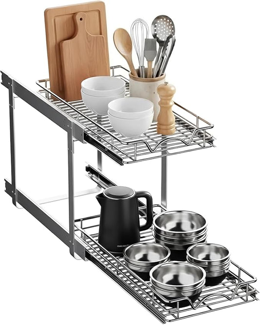 HOLDN’ STORAGE Two Tier Pull Out Cabinet Organizer, Individual Sliding Drawers - Heavy Duty Metal with Lifetime Limited Warranty - Anti Rust Chrome Finish - 11" W x 21”D x 16.5" H