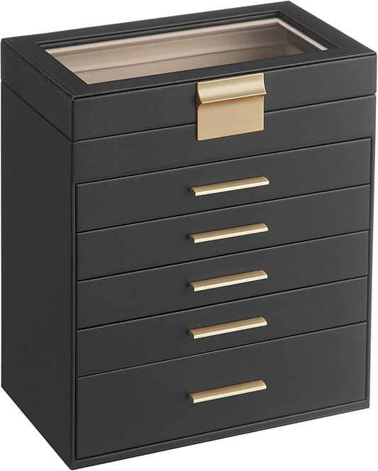 SONGMICS GISELLA Collection - Jewelry Box Organizer, 6-Layer Jewelry Storage with 5 Drawers, Shiny Metal Hardware, Glass Lid, Modern, 6.4 x 9.9 x 11.4 Inches, Ink Black and Gold Color UJBC171B01