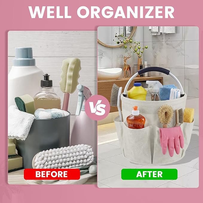 Cleaning Caddy with Handle and 6 Pockets, 17L Cleaning Supplies Organizer, 600D Oxford Fabric Storage Basket, Multifunctional Bucket Bag for Picnics, Camping, Gardening, Bathing (Off-White)