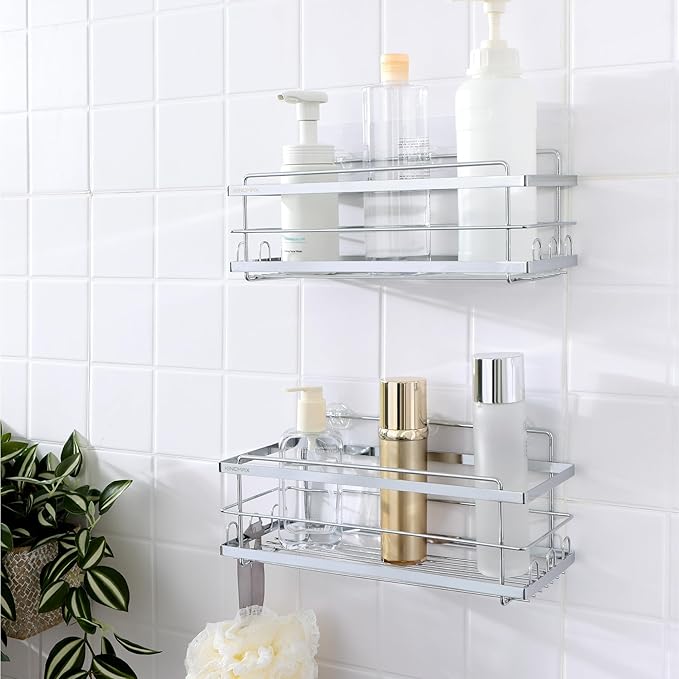 KINCMAX Iron Shower Caddies - Self Adhesive Bathroom Shelves for Showers - Wall Organizer Shampoo Holder Shelf - Peel and Stick On Caddy Bath Tub Rack - Pack of 2 Holders - Silver
